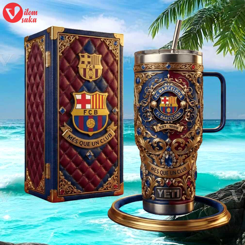 Fc barcelona “mes que un club” 40oz tumbler   quilted leather style soccer travel tumbler