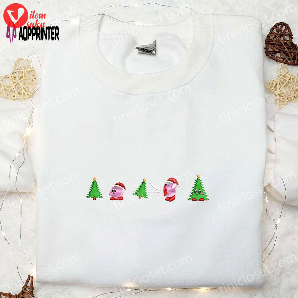 Festive kirby embroidered shirt hoodie & sweatshirt for christmas: game character apparel