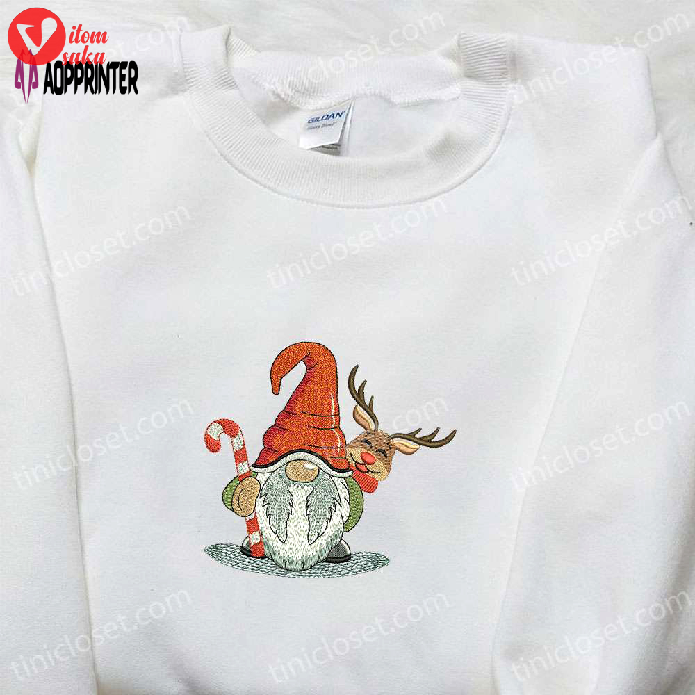 Gnome with deer merry christmas embroidered shirt & hoodie: best gift ideas