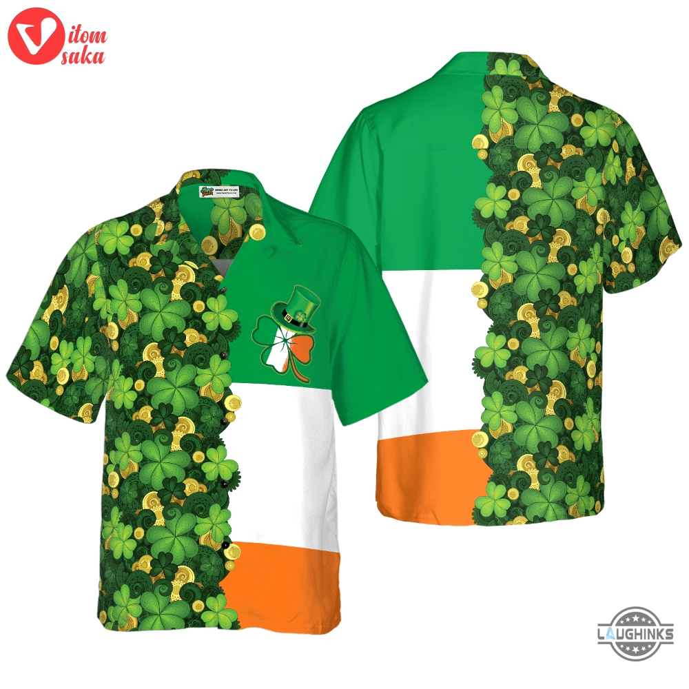 Gold coins shamrock saint patricks day irish ireland flag hawaiian shirt aloha summer beach button up shirts and shorts new