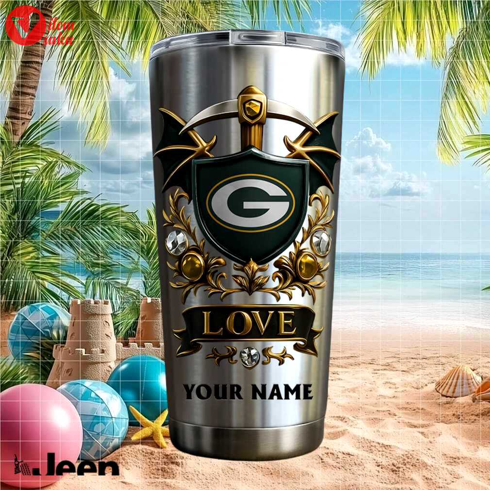 Green bay packers custom name fan gift retro gold shield stainless steel insulated tumbler