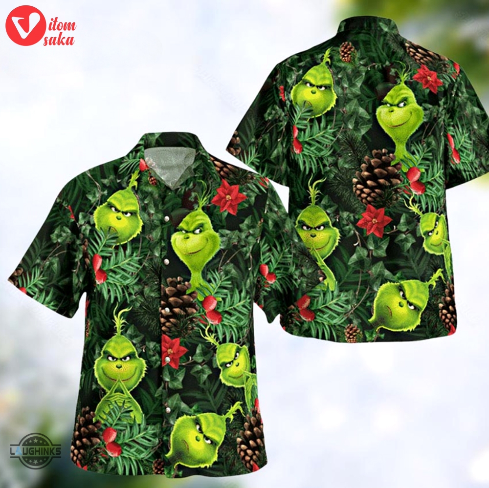 Grinch button up shirt all over print santa claus tropical grinch hawaiian shirt and shorts summer vacation christmas movie set gift for men merry grinchmas