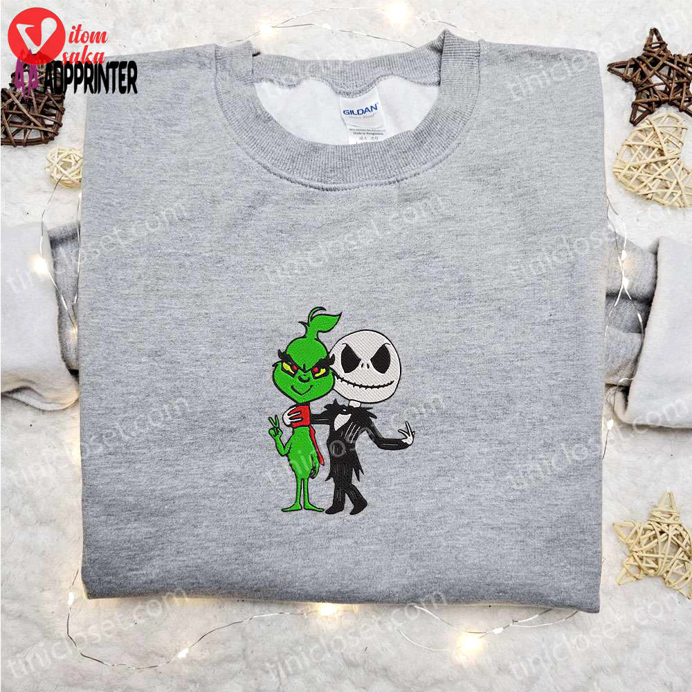 Grinch & jack skellington embroidered sweatshirt: halloween hoodie perfect christmas gift