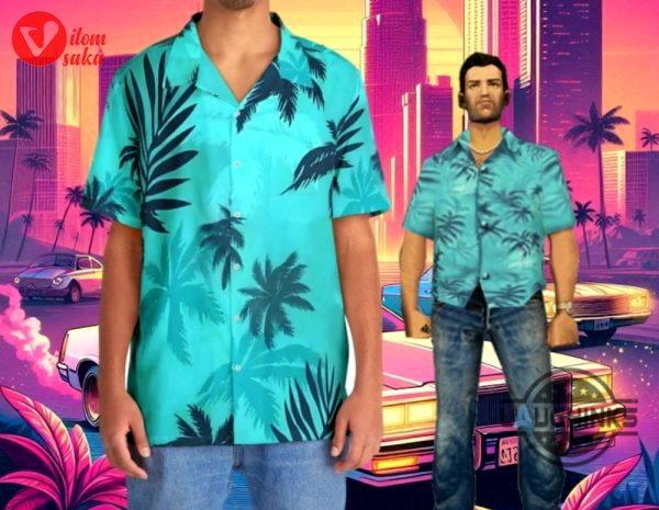 Gta vice city shirt grand thef auto tommy vercetti blue hawaiian button up shirts and shorts sale