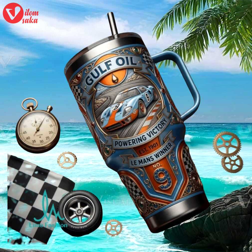 Gulf oil le mans winner no. 9 vintage racing livery fan gift stainless steel insulated tumbler