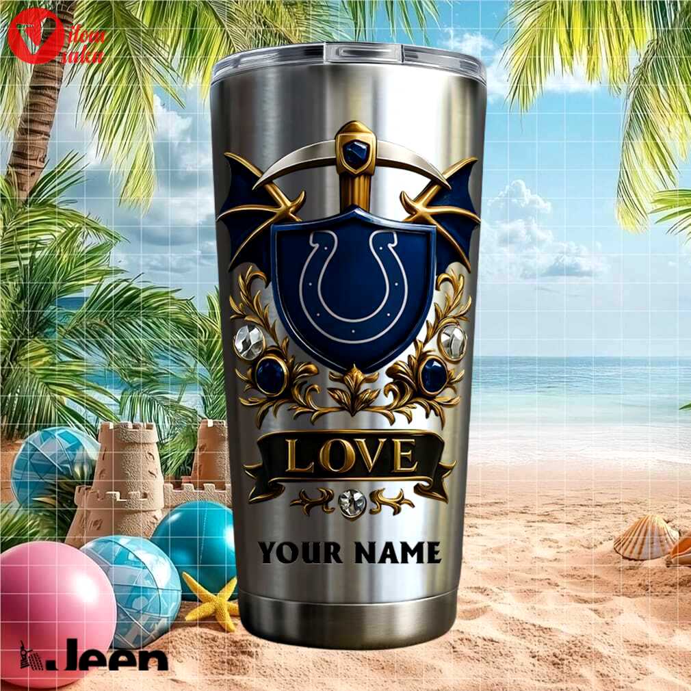 Indianapolis colts personalized fan gift custom name retro blue shield stainless steel insulated tumbler