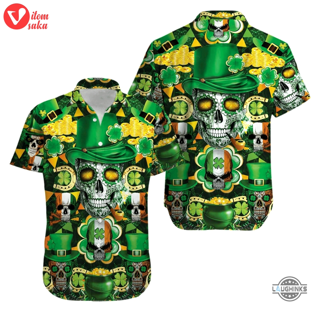 Irish skull rich st patrick green hawaiian shirt aloha summer beach button up shirts and shorts