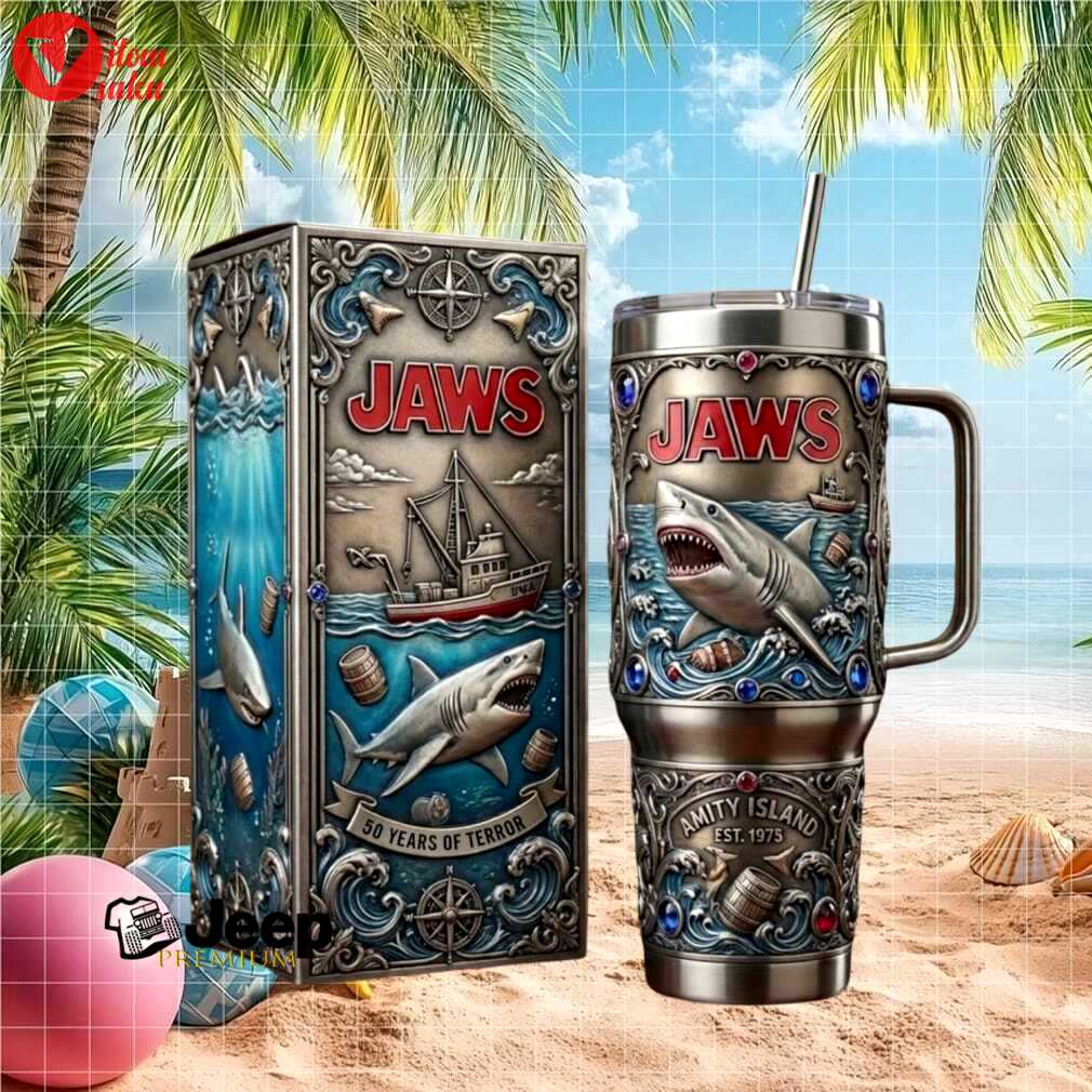 Jaws 50 years of terror anniversary 40oz tumbler with handle