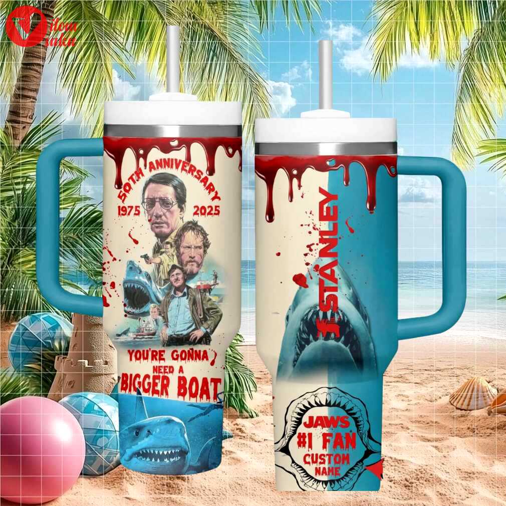 Jaws 50th anniversary 1975 2025 movie quote bigger boat retro stainless steel insulated tumbler