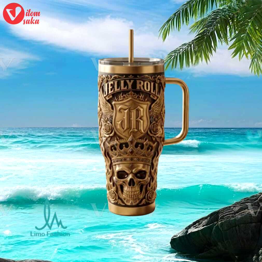 Jelly roll jr crown skull gold retro rock music fan gift stainless steel insulated tumbler