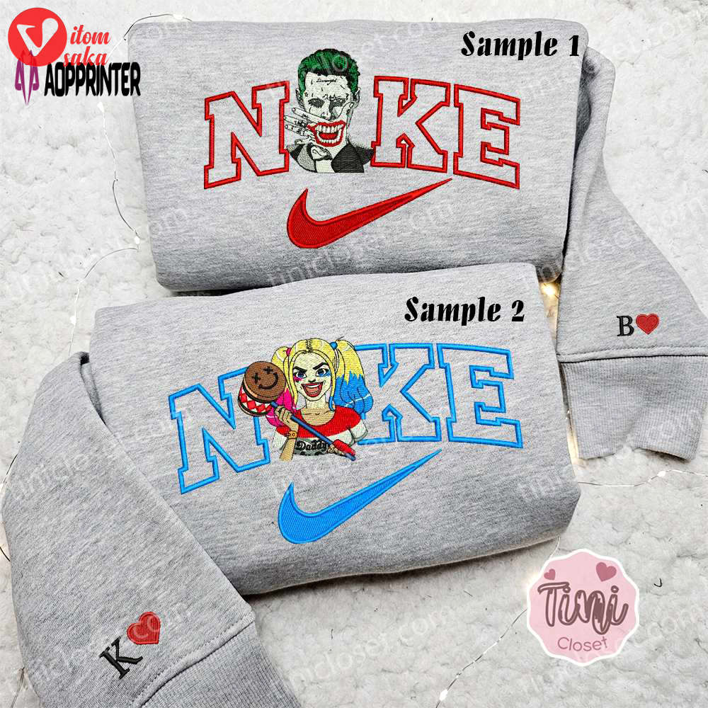 Joker & harley quinn x nike couple embroidered shirt hoodie & sweatshirt: movie characters & valentine s day collection