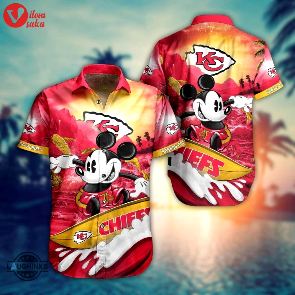 Kansas city chiefs hawaiian shirt and short cool disney mickey mouse kc chiefs nfl aloha beach shirt for summer football game day button up shirts