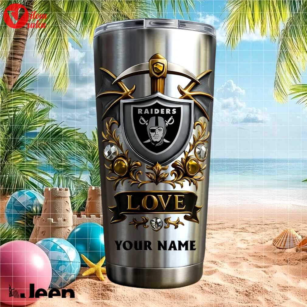 Las vegas raiders custom name fan gift retro silver shield stainless steel insulated tumbler