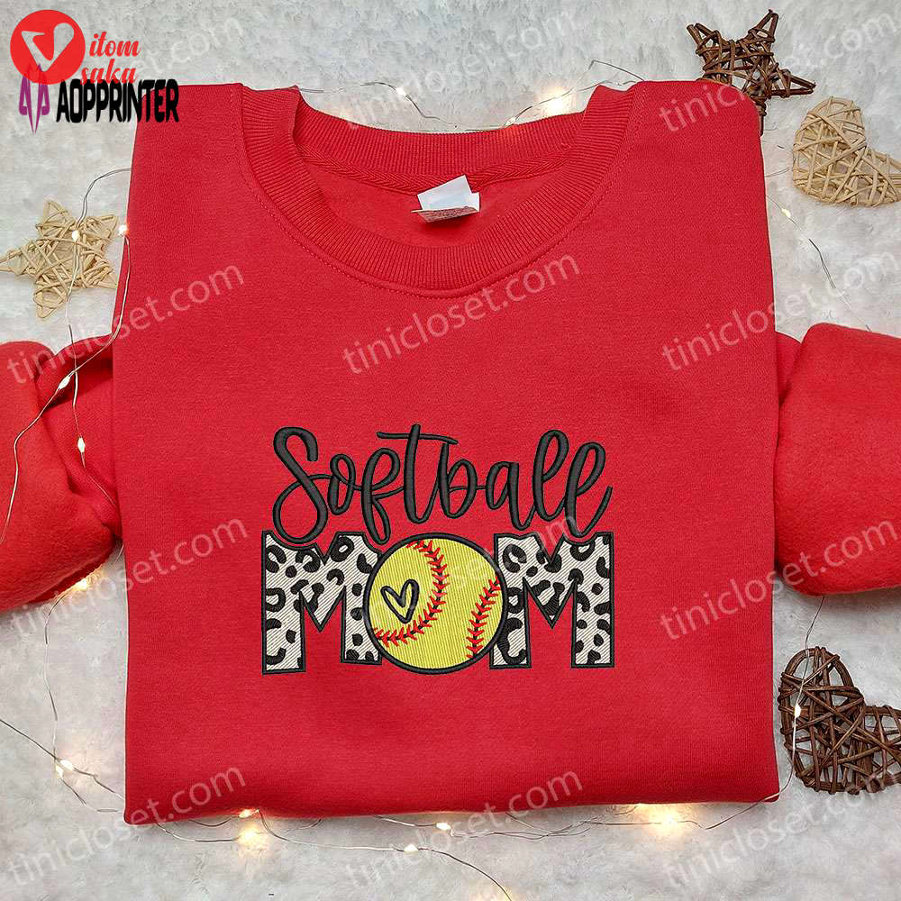 Leopard embroidered softball mom shirt & hoodie – perfect mother s day gift
