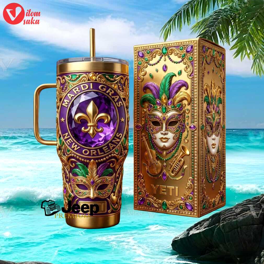 Mardi gras new orleans gold mask jewelry style 40oz stainless steel insulated tumbler