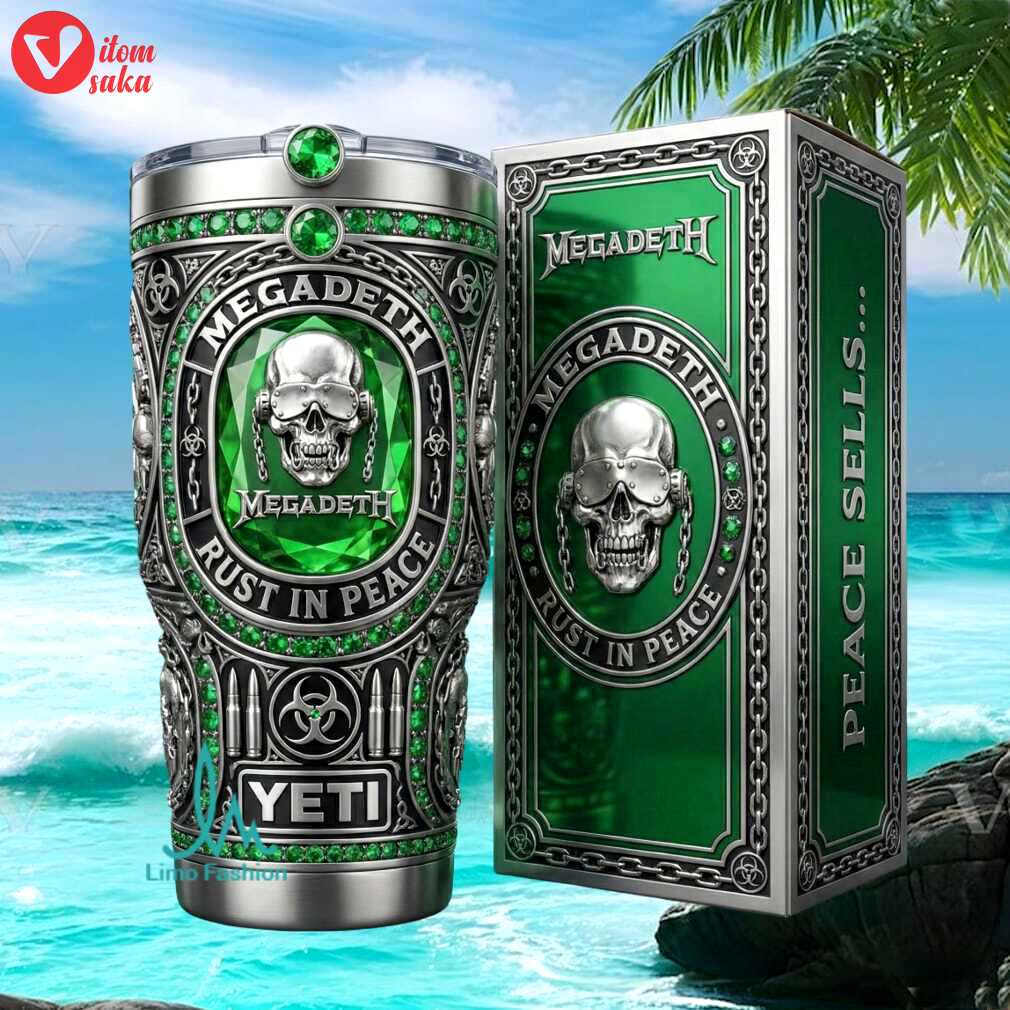 Megadeth rust in peace peace sells green crystal skull metal stainless steel insulated tumbler