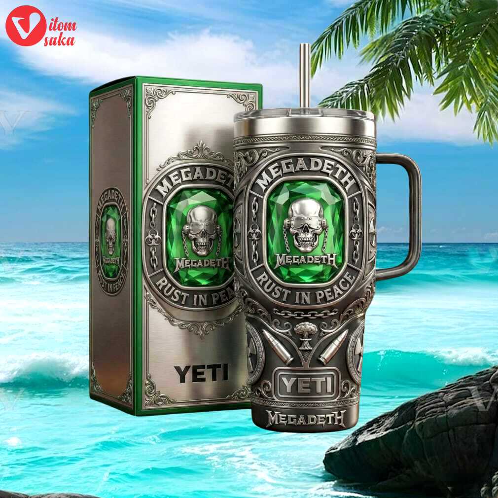 Megadeth rust in peace vic rattlehead silver & green 40oz tumbler