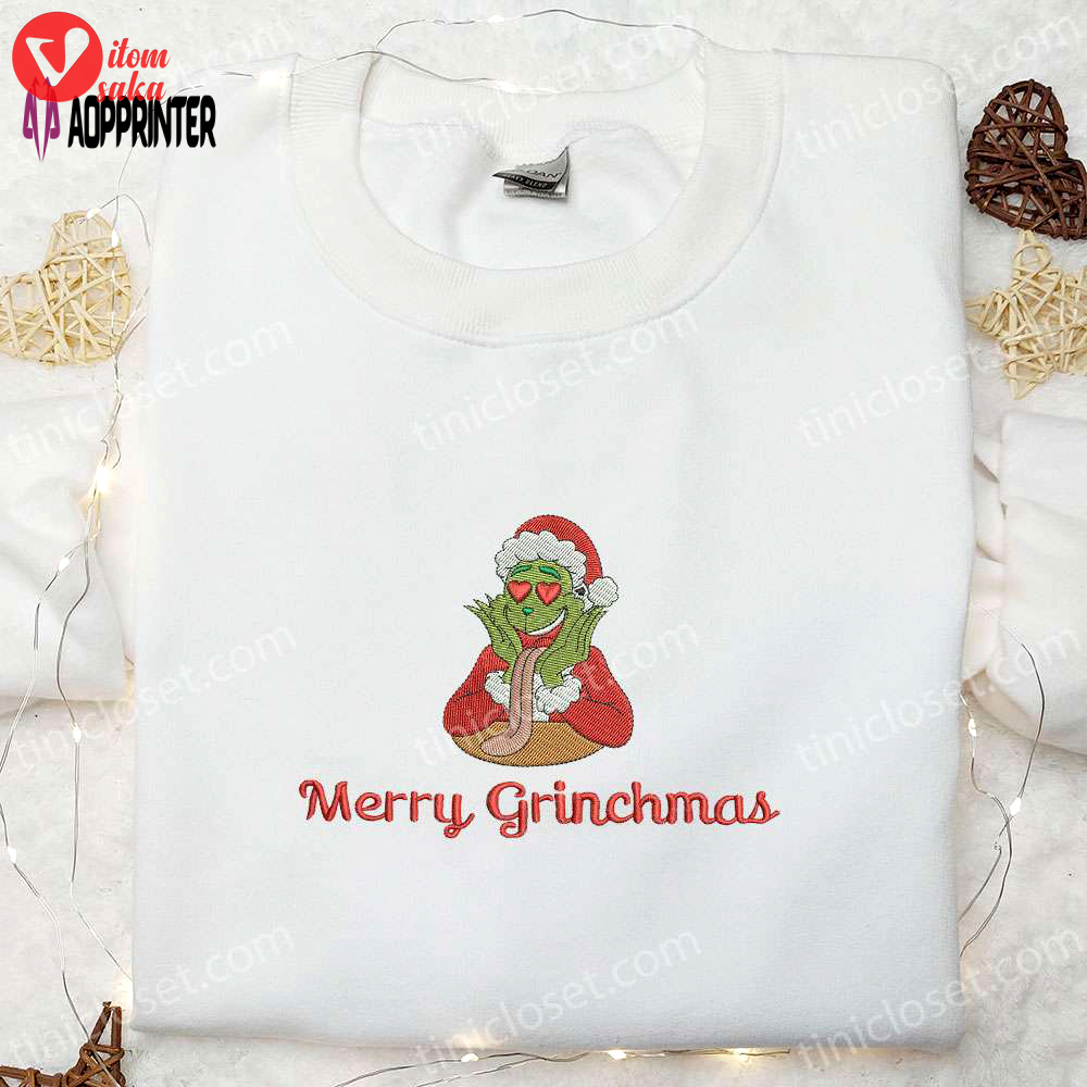 Merry grinchmas love embroidered sweatshirt & shirt: best christmas gift ideas for family