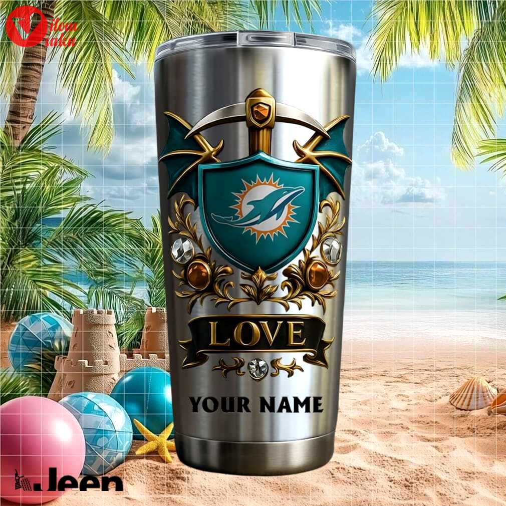 Miami dolphins personalized name fan gift vintage aqua crest 20oz stainless steel insulated tumbler