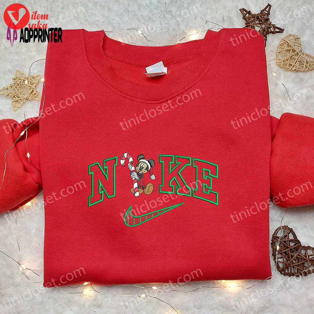 Mickey mouse candy cane xmas x nike embroidered tshirt: best christmas gift idea nike inspired shirt