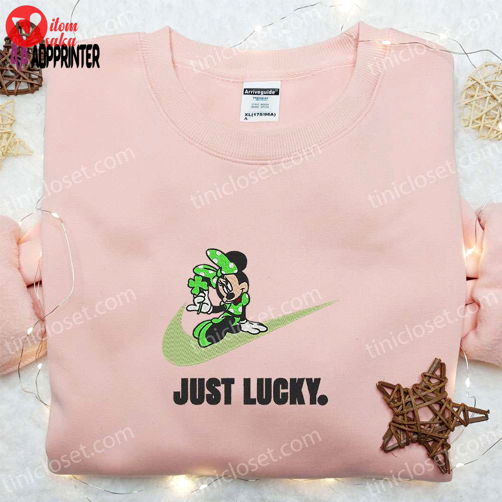 Minnie just lucky x nike swoosh embroidered shirt & disney characters hoodie – perfect saint patrick’s day gift!