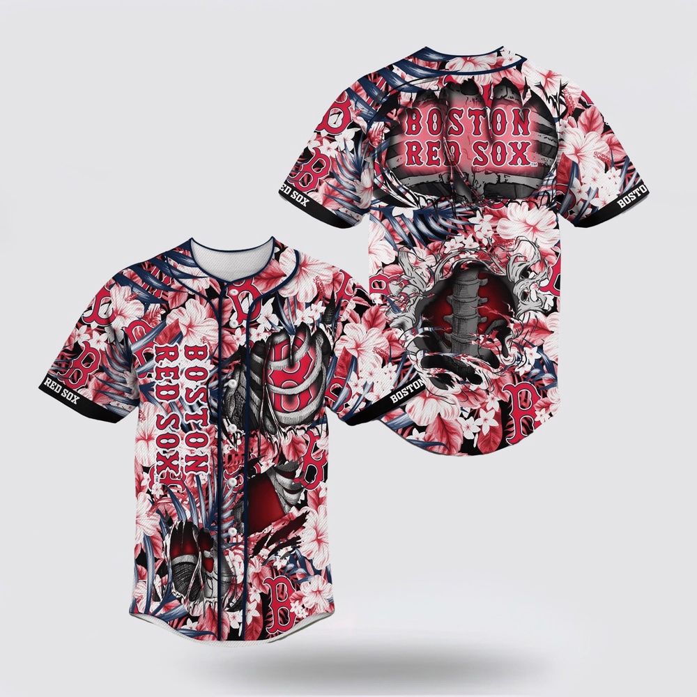 Mlb boston red sox baseball skeleton and floral pattern for fans jersey