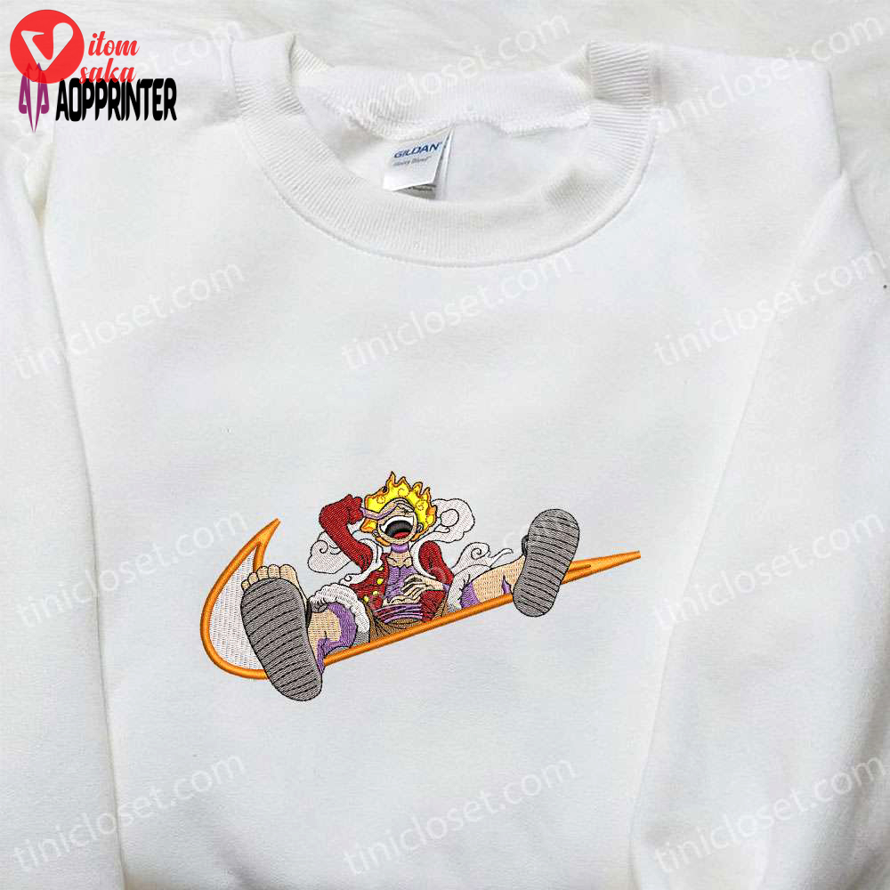 Monkey d luffy gear 5 x nike swoosh anime embroidered hoodie – one piece & nike inspired shirt