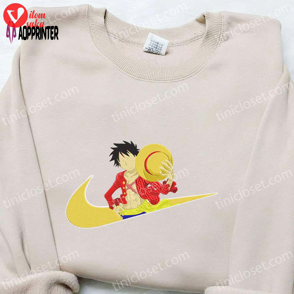 Monkey d luffy x swoosh anime embroidered sweatshirt: nike inspired hoodie perfect birthday gift