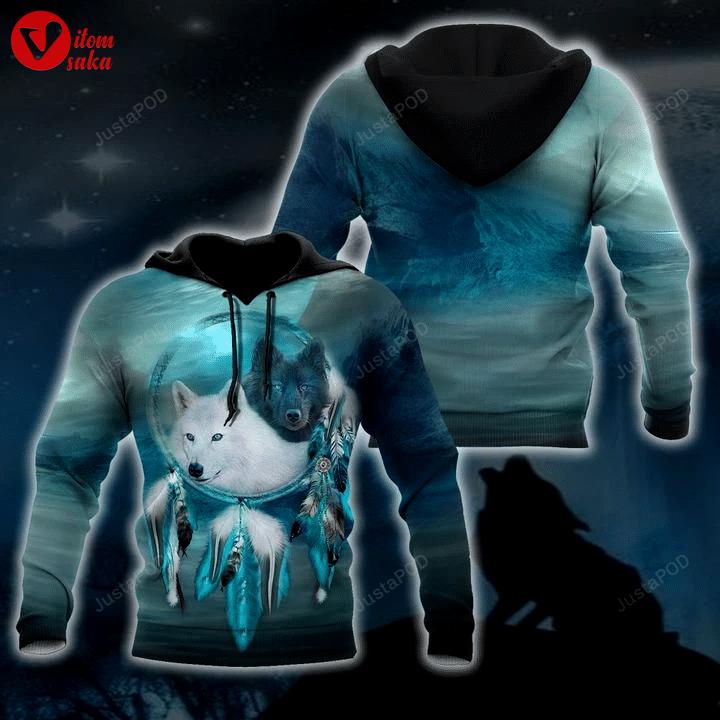 Native american wolf couple blue 3d all over print hoodie, zip-up hoodie