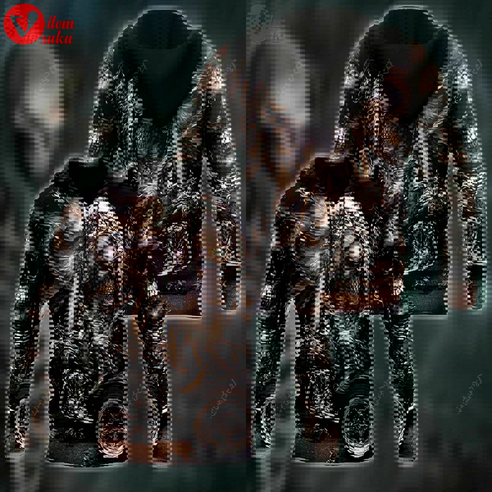 Native skull motorcycle 3d all over printed hoodie, zip- up hoodie