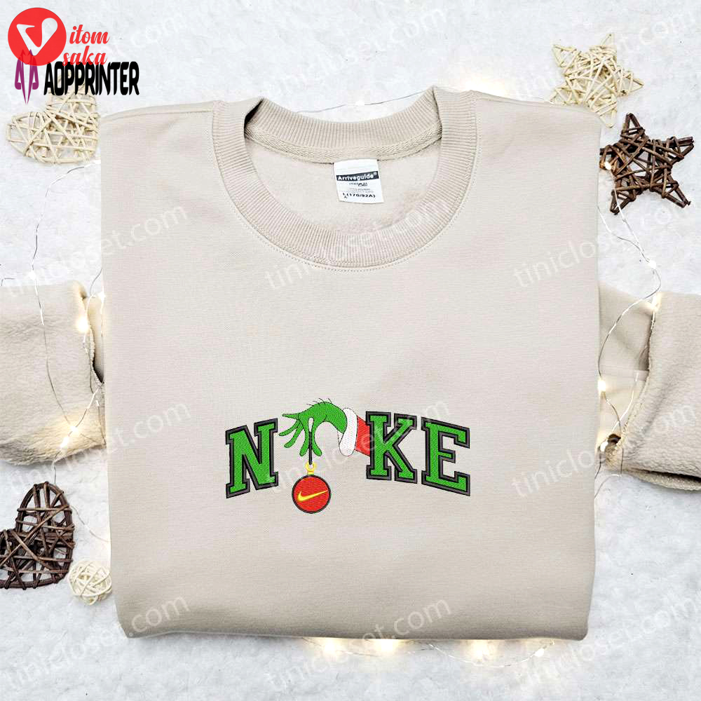 Nike x grinch hand embroidered sweatshirt disney embroidered shirt nike inspired t-shirt