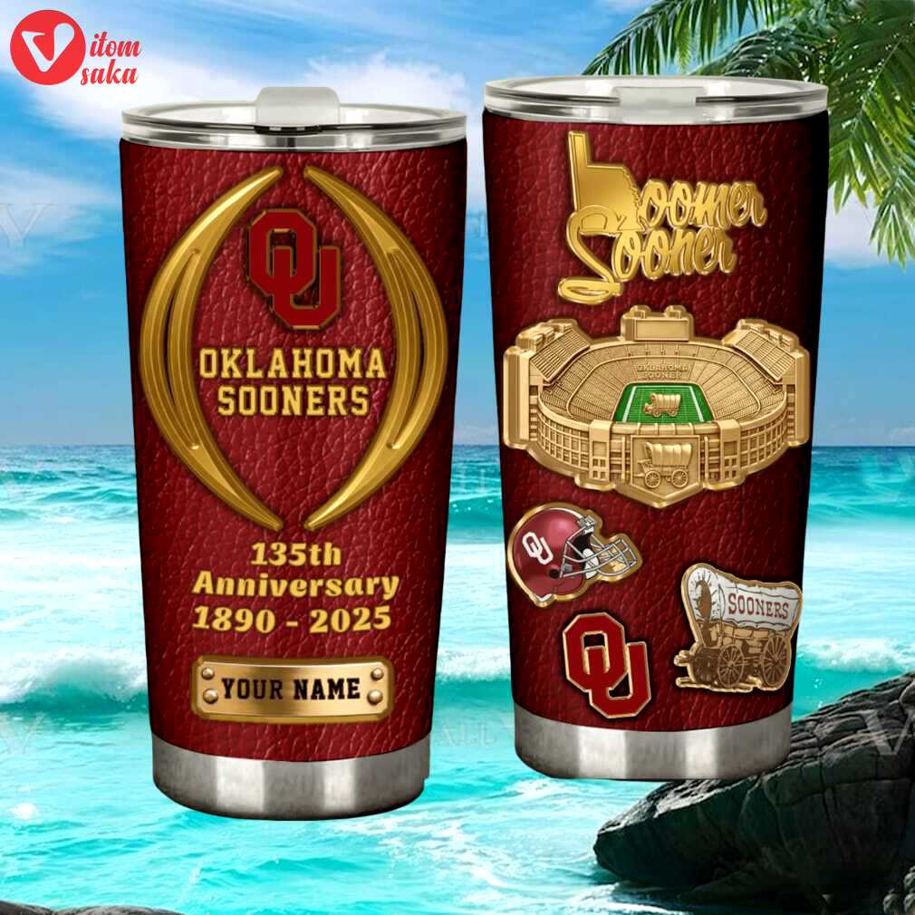 Oklahoma sooners 135th anniversary custom name 3d embossed leather style tumbler