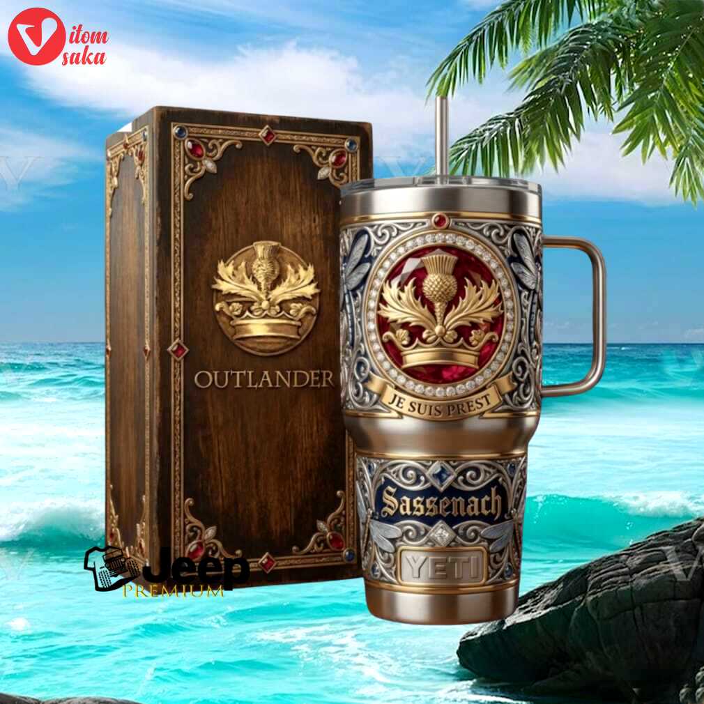 Outlander sassenach je suis prest scottish thistle crest luxury engraved silver tumbler
