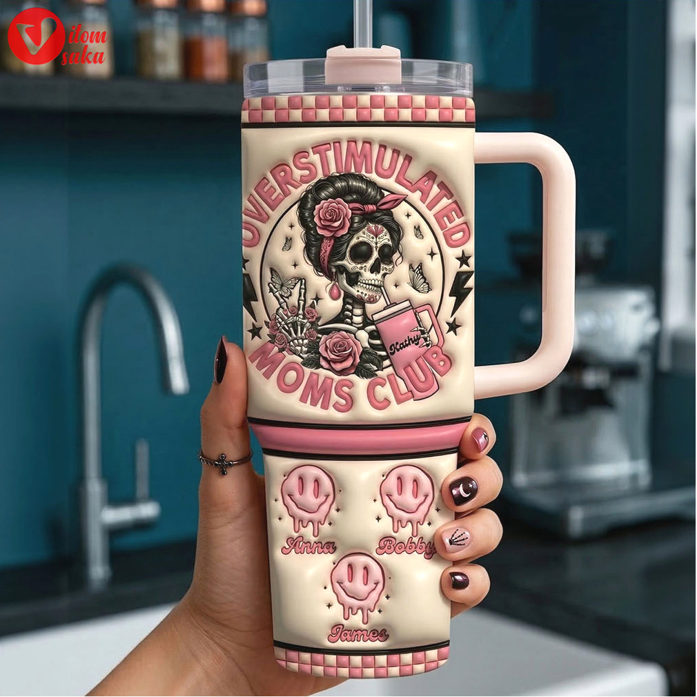 Overstimulated moms club pink skeleton custom kids names mother’s day tumbler