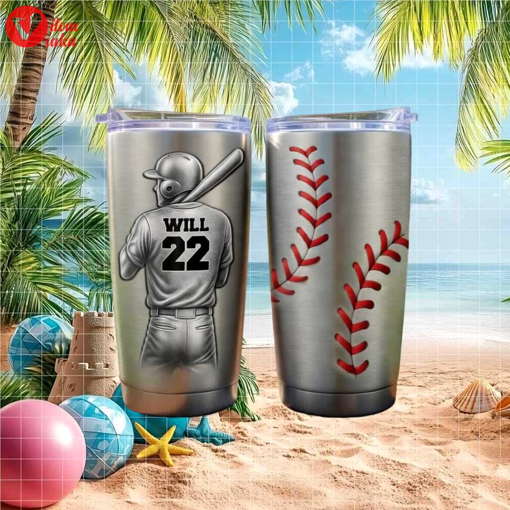 Personalized baseball player number and name engraved stainless steel tumbler