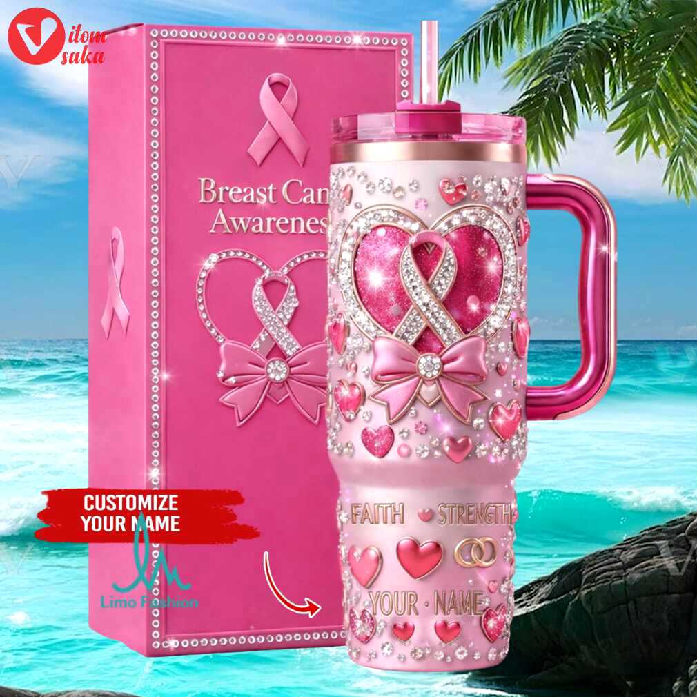 Personalized breast cancer awareness pink ribbon faith strength hearts 40oz stainless steel insulated tumbler