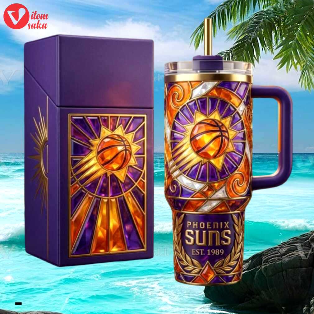 Phoenix suns nba basketball stained glass est. 1989 purple & orange tumbler