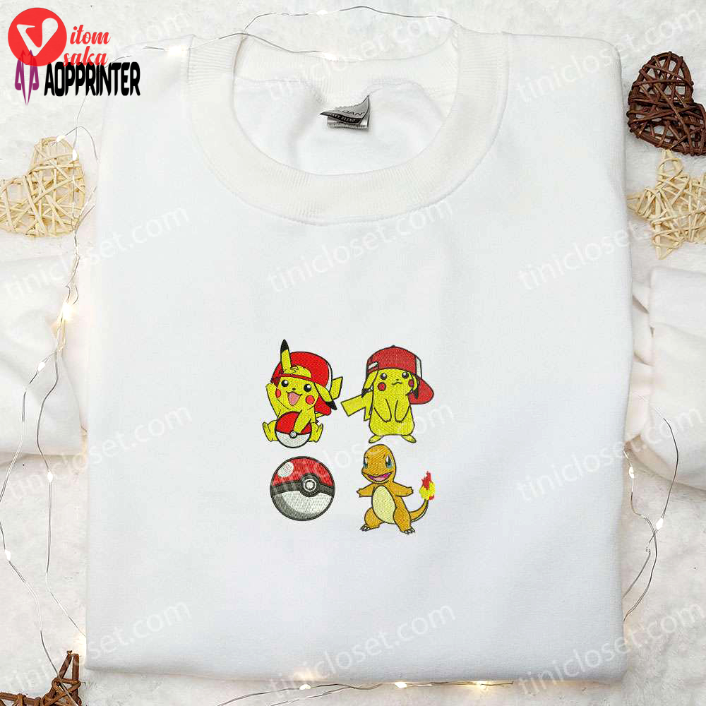 Pikachu & charmander embroidered shirt & hoodie: best pokemon anime gift