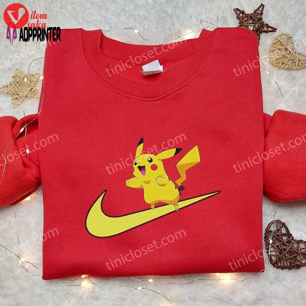 Pikachu x nike swoosh anime hoodie & pokemon embroidered shirt: trendy nike inspired apparel