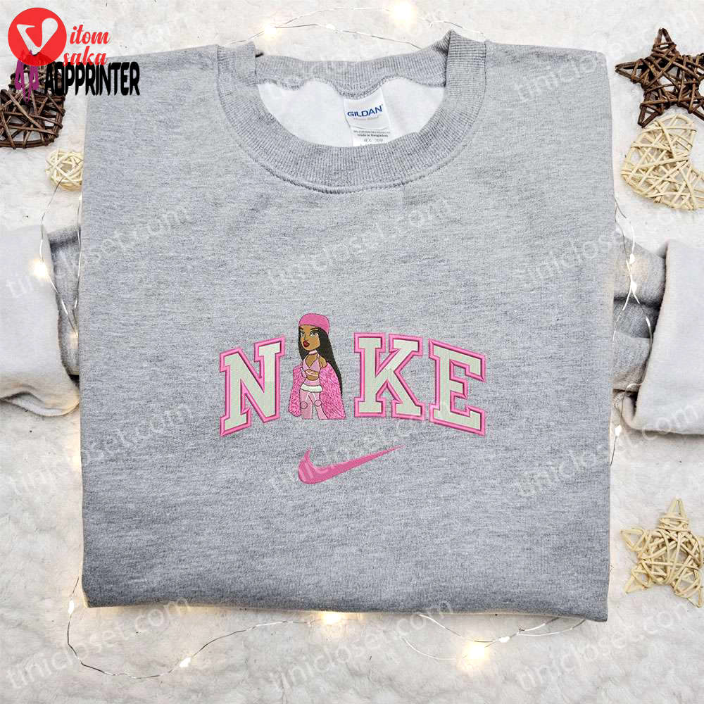 Pink bratz doll x nike swoosh sweatshirt: custom embroidered hoodie perfect family gifts