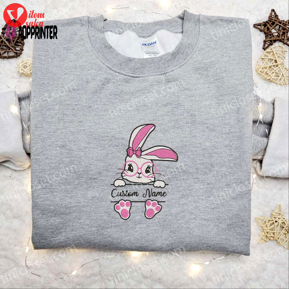 Pink easter bunny embroidered shirt & custom name hoodie: perfect thanksgiving day gift idea