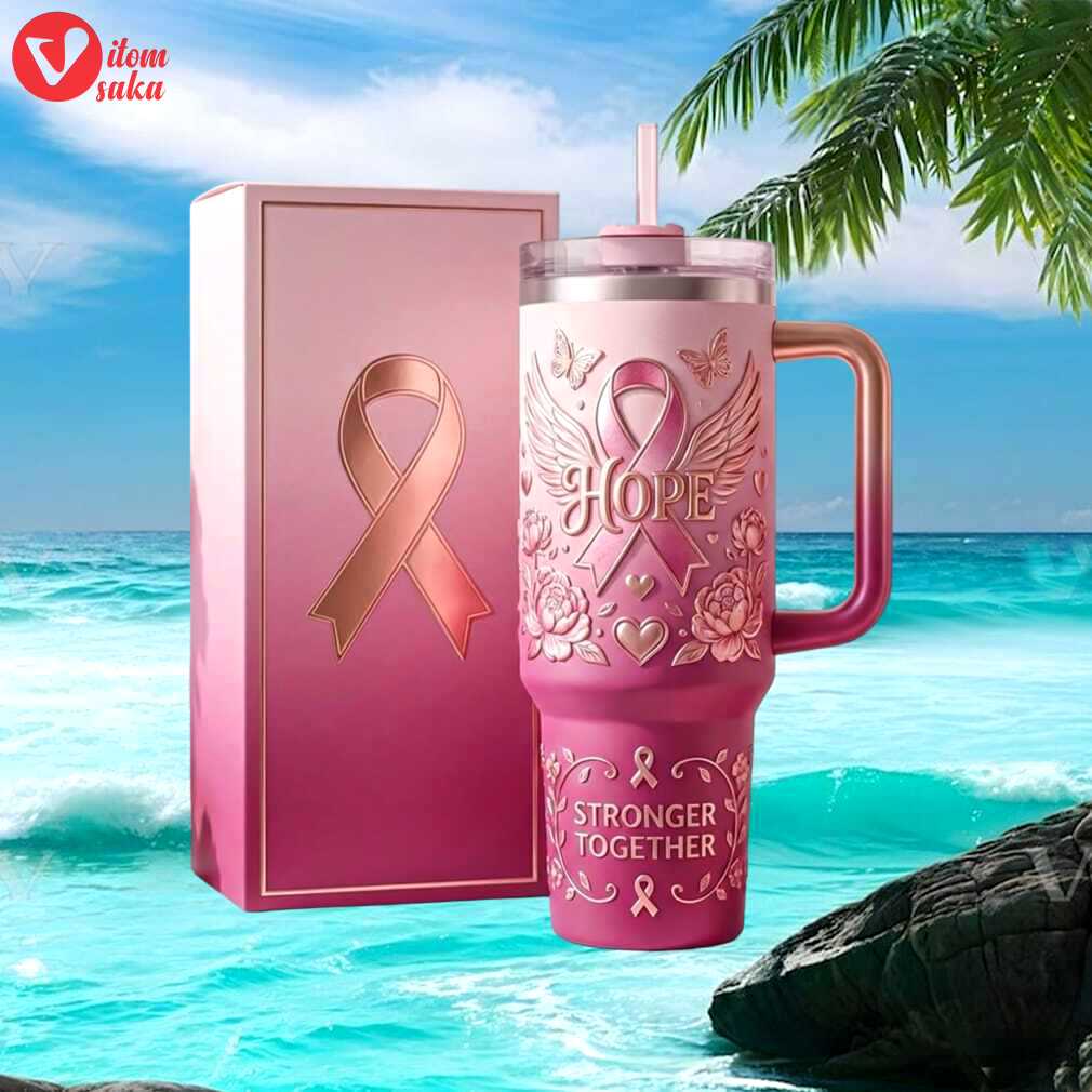 Pink ribbon “stronger together” breast cancer awareness butterfly ombre 40oz tumbler
