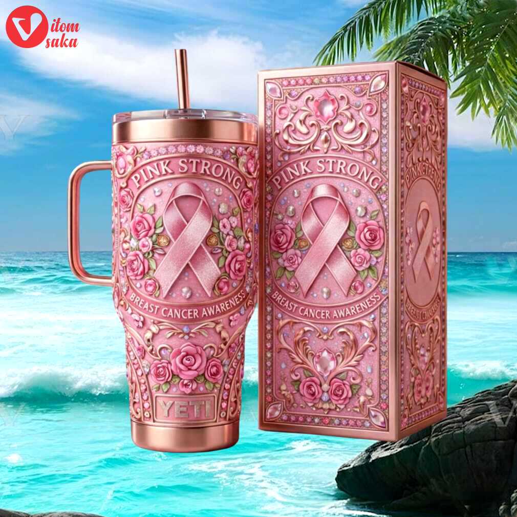 Pink strong breast cancer awareness floral ribbon commemorative tumbler