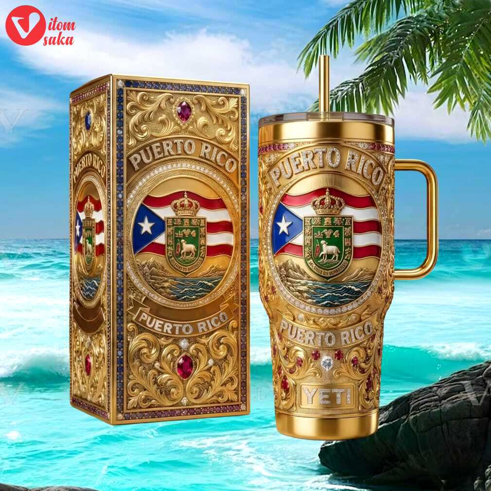 Puerto rico flag & coat of arms luxury gold filigree 3d jeweled tumbler