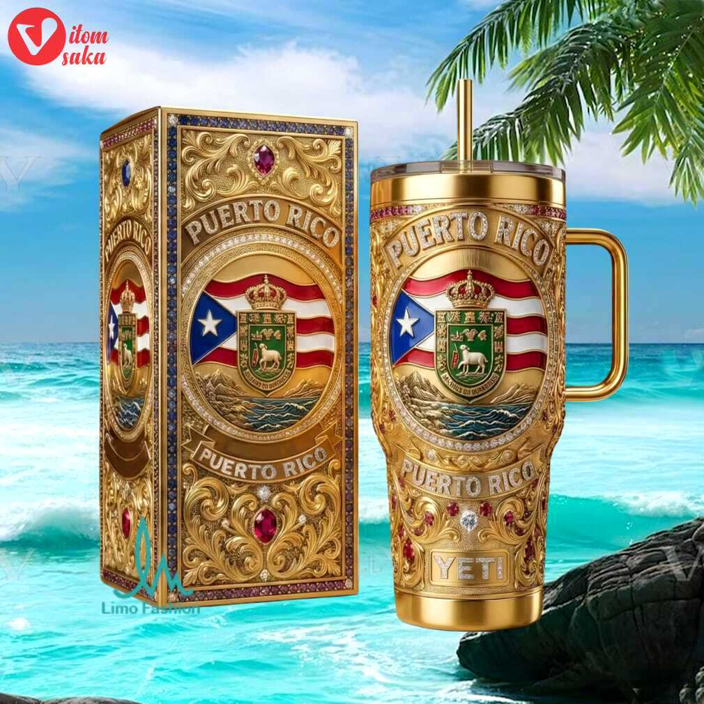 Puerto rico pride flag coat of arms gold luxury heritage gift stainless steel insulated tumbler