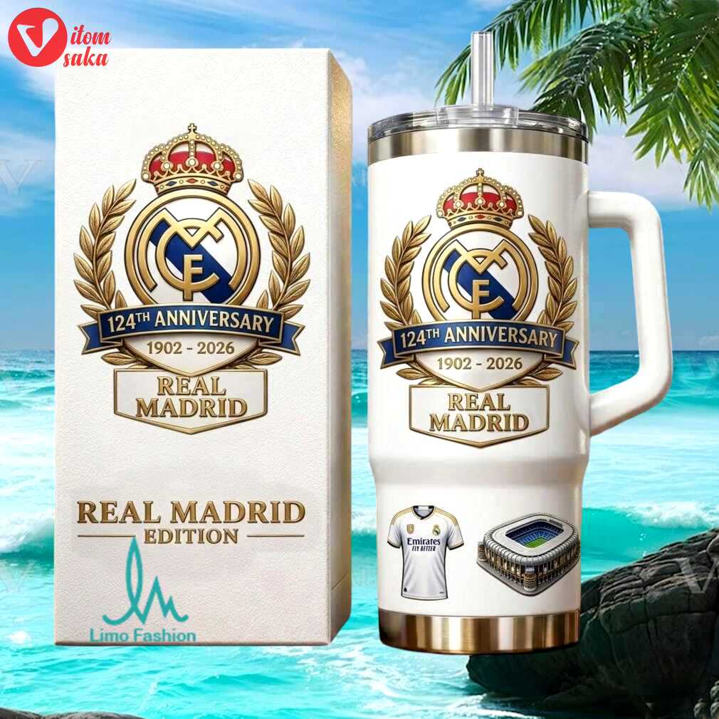 Real madrid 124th anniversary 1902 2026 soccer football fan edition gift for men stainless steel insulated tumbler