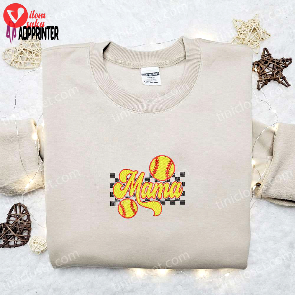 Retro checkered softball mama embroidered shirt & hoodie: perfect mother’s day gift