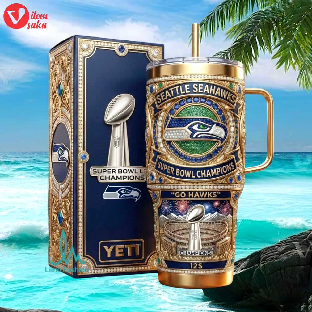 Seattle seahawks super bowl champions gold jeweled fan gift stainless steel insulated tumbler