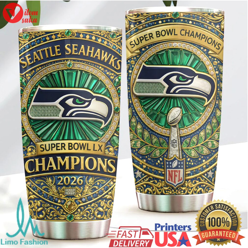 Seattle seahawks super bowl lx champions 2026 gold filigree 20oz tumbler