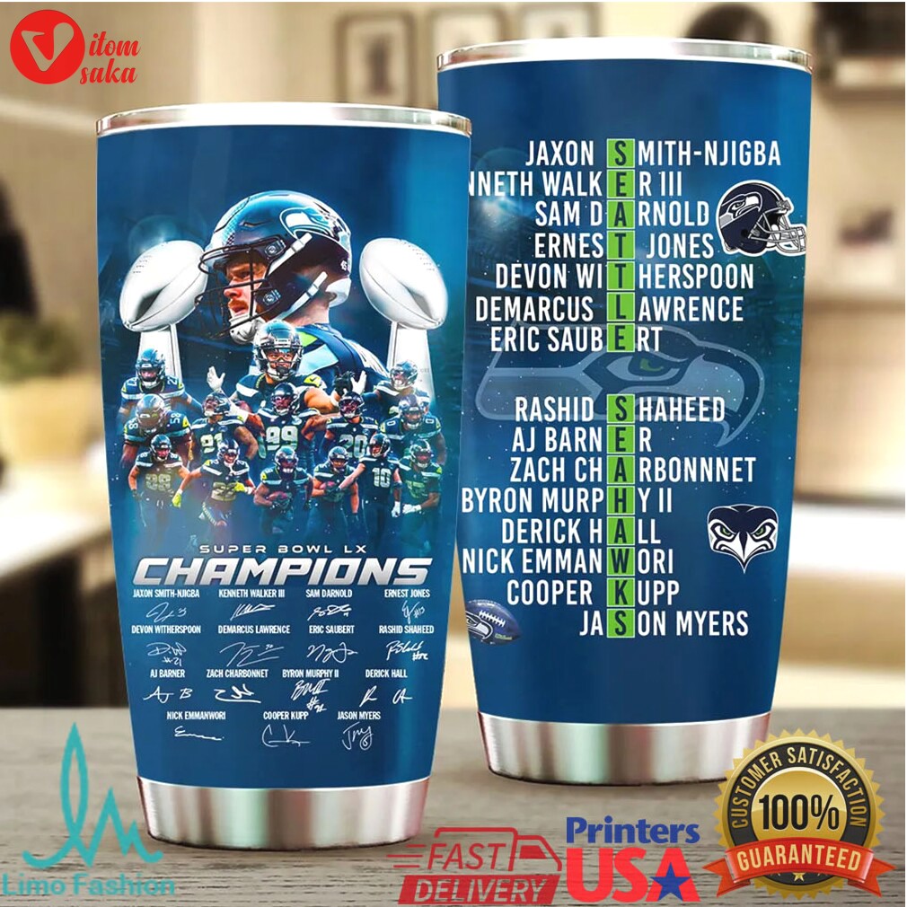 Seattle seahawks super bowl lx champions 2026 roster signature tumbler